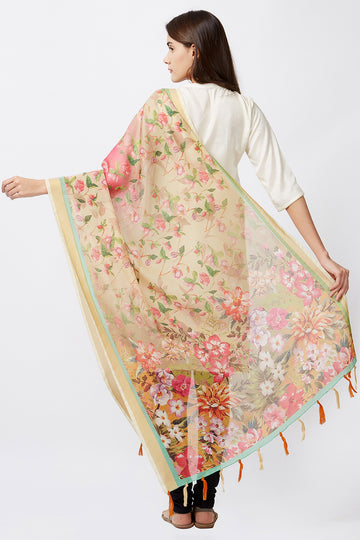 Beige Color Digital Floral Print Chanderi Silk Dupatta